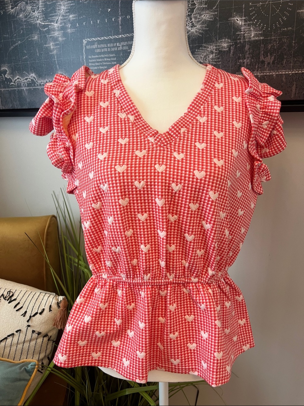 Red Heart-Print Ruffle Sleeve Peplum Blouse - Women
